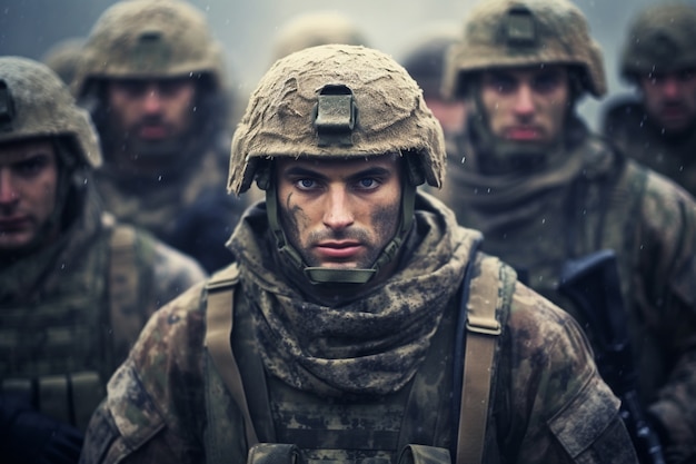 Soldats vue de face en zone de guerre