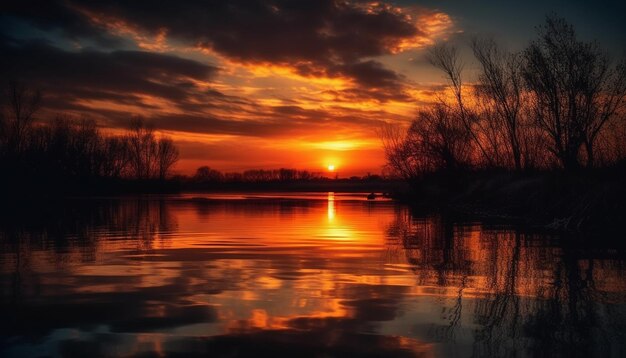 Photo gratuite le soleil doré se couche sur la réflexion tranquille de l'eau générée par l'ia