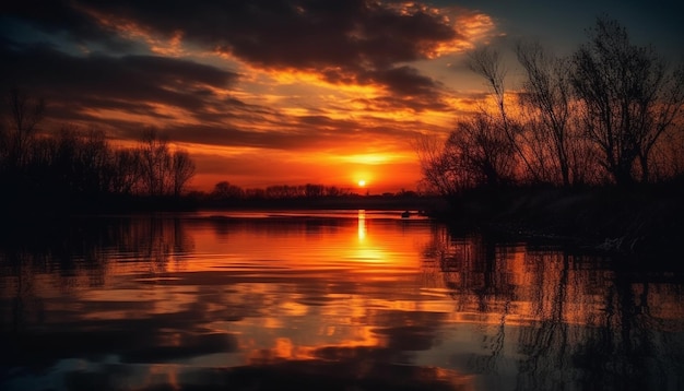 Photo gratuite un soleil doré se couche sur une scène d'eau tranquille générée par l'ia