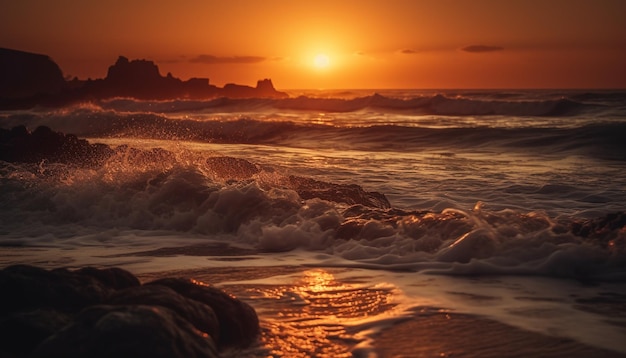 Un soleil doré se couche sur des vagues d'eau tranquilles générées par l'IA