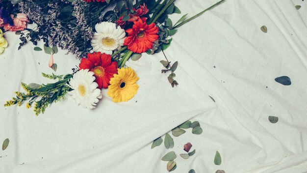 Solidago gigantea et fleurs de gerbera coloré sur un drap blanc