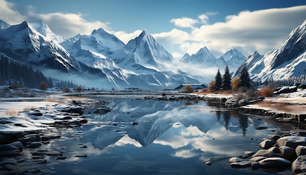 Photo gratuite le sommet majestueux de la montagne reflète le ciel bleu tranquille en hiver généré par l'ia