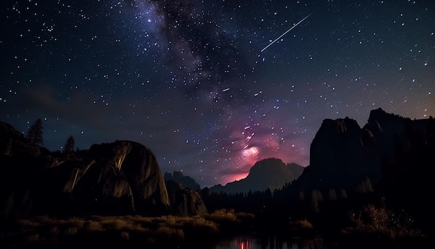 Photo gratuite sommet de montagne majestueux illuminé par une traînée d'étoiles générée par l'ia