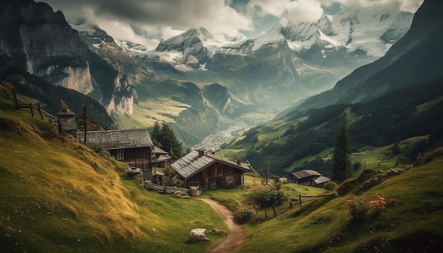 Photo gratuite sommet de montagne majestueux, prairie tranquille, beauté sereine générée par l'ia