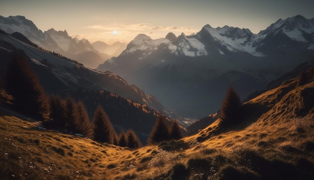 Sommet de montagne majestueux, prairie tranquille, beauté sereine générée par l'IA