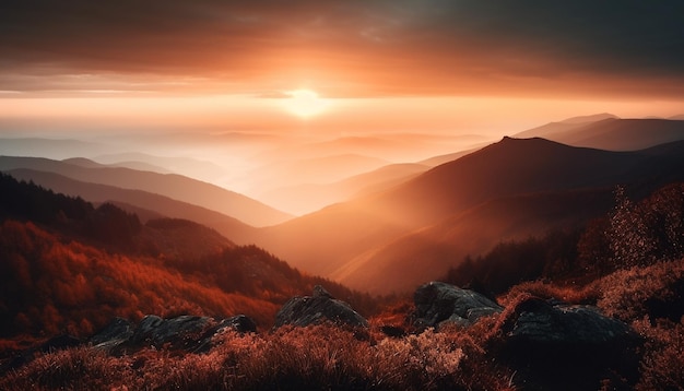 Sommet de montagne majestueux rétro-éclairé par le coucher du soleil généré par l'IA