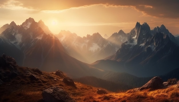Photo gratuite sommet de montagne majestueux rétro-éclairé par le lever du soleil généré par l'ia