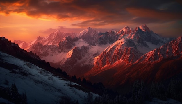 Un sommet de montagne majestueux s'élève dans une scène de nature paisible générée par l'IA