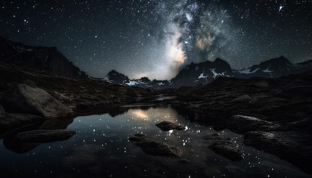 Photo gratuite le sommet de la montagne reflète majestueusement la voie lactée étoilée générée par l'ia