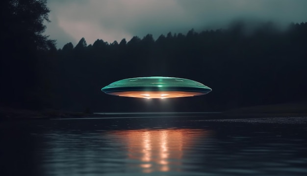Photo gratuite une soucoupe volante illumine un paysage mystérieux dans une aventure spatiale futuriste générée par l'ia