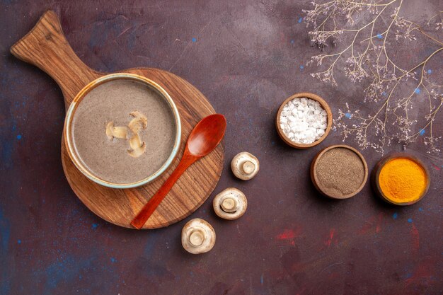 Soupe aux champignons vue de dessus avec assaisonnements sur l'espace sombre