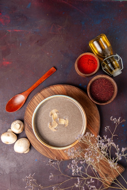 Soupe aux champignons vue de dessus avec différents assaisonnements sur l'espace sombre