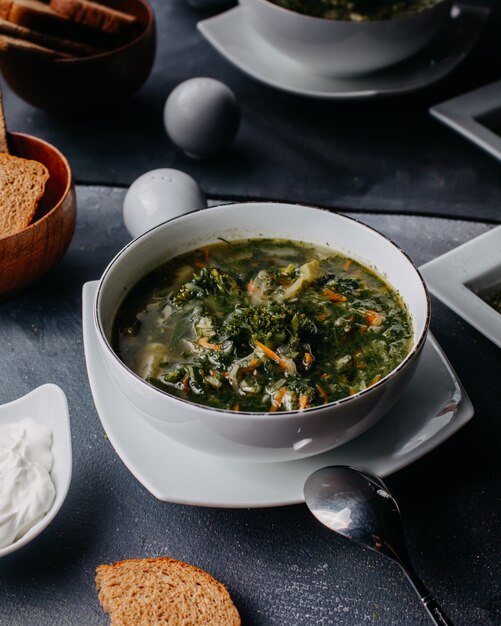 Soupe aux légumes chauds avec légumes verts bouillis à l'intérieur d'une assiette blanche ronde avec des miches de pain oeufs sur table grise