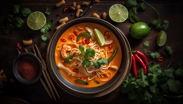 Soupe de fruits de mer gastronomique avec citron vert frais et coriandre générée par l'IA