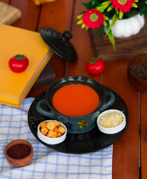 Photo gratuite soupe de tomates dans une casserole avec parmesan haché et craquelins.