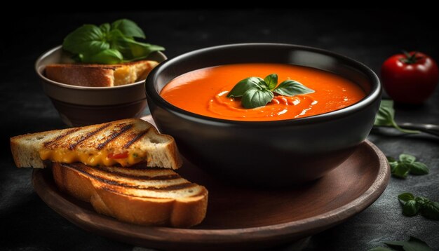 Soupe de tomates fraîches avec garniture de baguette grillée générée par IA