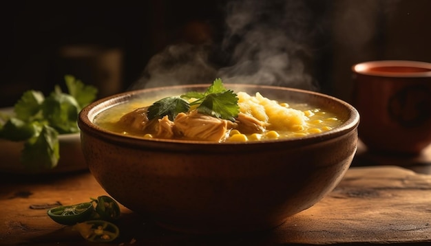 Photo gratuite soupe végétarienne fraîche dans un bol en bois rustique généré par l'ia