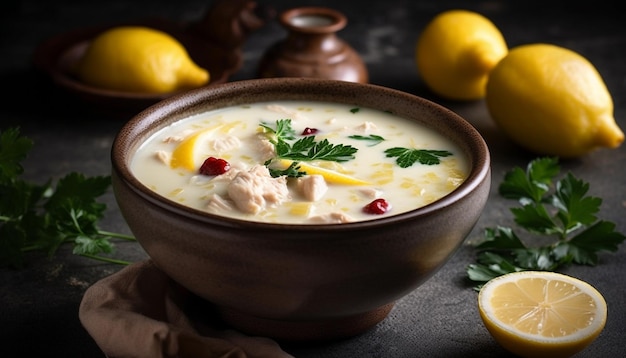 Photo gratuite soupe végétarienne saine avec garniture de citron frais générée par l'ia