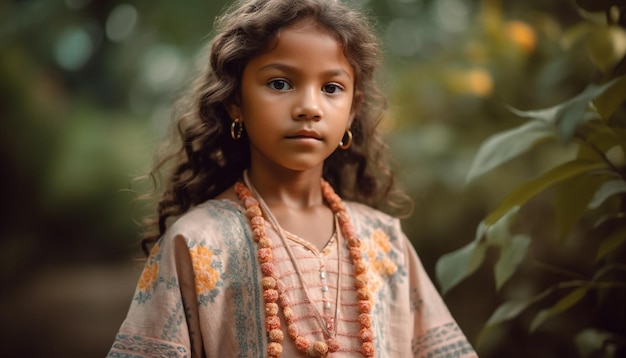 Souriante jeune femme en costume traditionnel à l'extérieur générée par l'IA