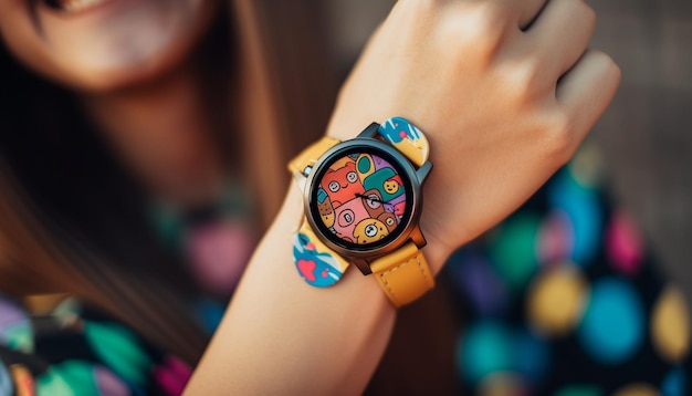 Photo gratuite souriante jeune femme tenant une montre pour s'amuser en plein air générée par l'ia