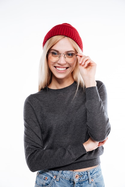 Sourire, blond, femme, chapeau, lunettes, regarder