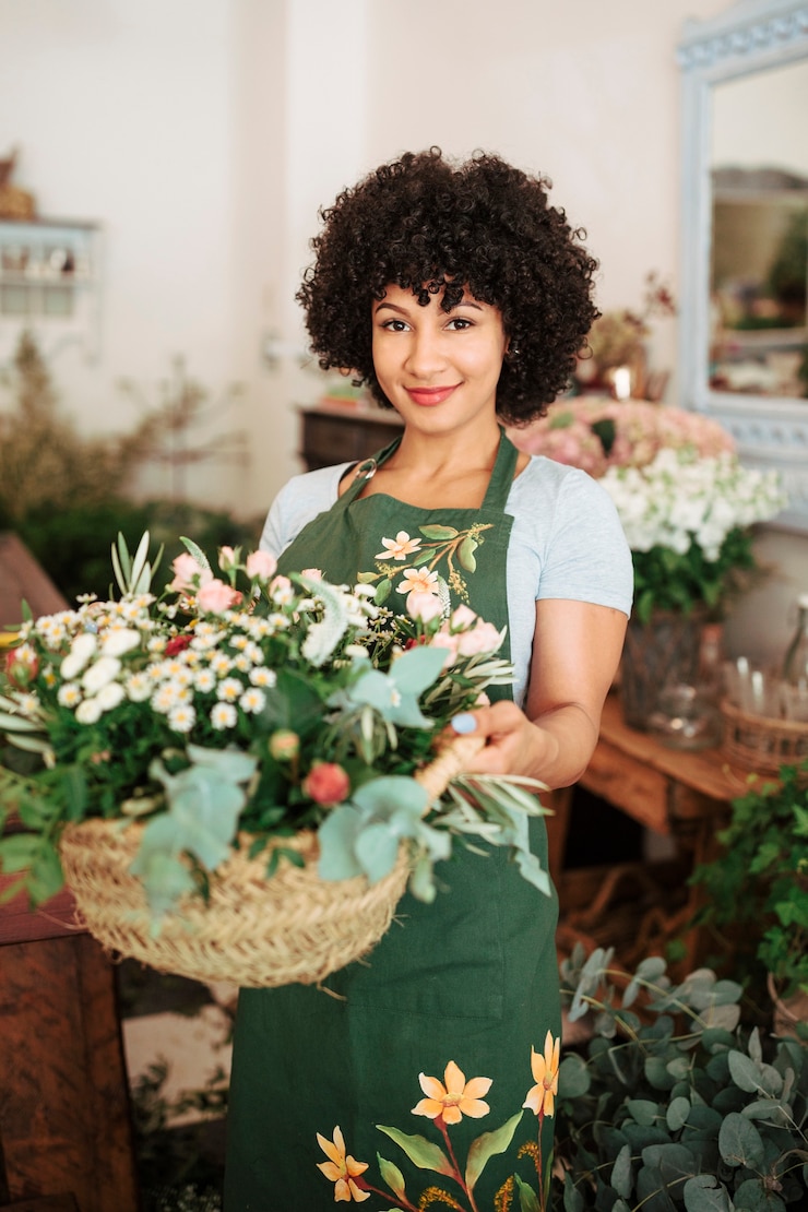 Photo gratuit sourire femme fleuriste tenant panier de fleurs