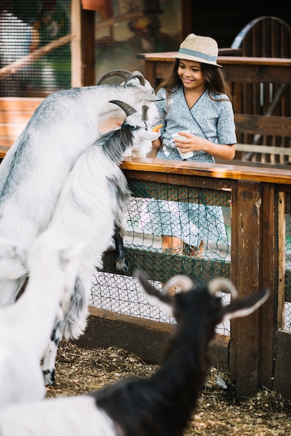 Photo gratuite sourire fille nourrir à la chèvre