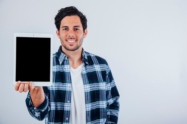 Sourire, homme, projection, tablette, écran