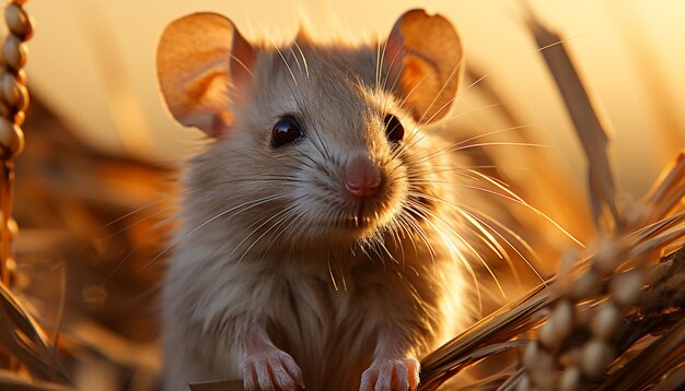 Photo gratuite une souris mignonne et moelleuse assise à l'extérieur regardant la caméra avec une curiosité générée par l'intelligence artificielle