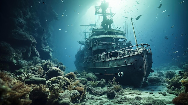 Photo gratuite sous les vagues, un vieux navire est enterré, un rappel silencieux de l'histoire maritime.