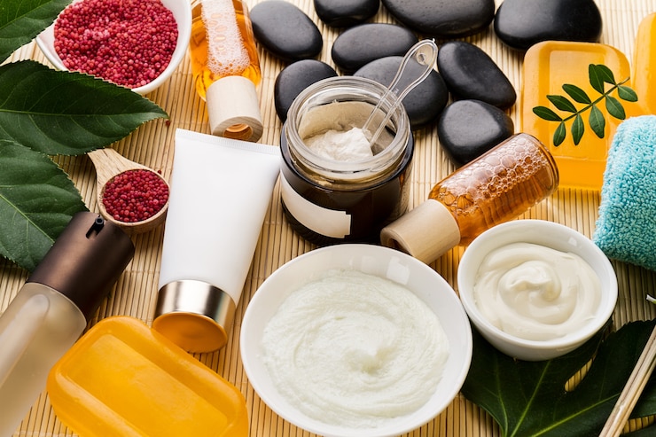 Spa Beauty Care Concept. Beaux produits divers Spa Set for Care. Produits Spa Vue depuis le haut.