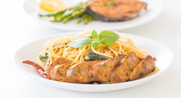 Spaghetti aux saucisses grillées