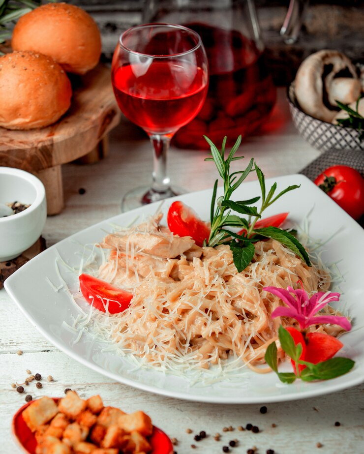 Photo gratuit spaghettis avec poulet et fromage