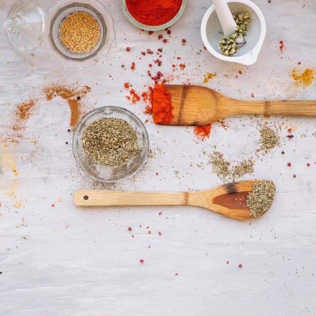 Spatules en bois près d&#39;épices