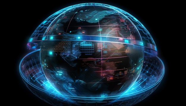 Une sphère bleue brillante affiche des modèles de données globaux générés par l'IA