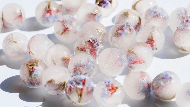 Photo gratuite sphères de glace blanche avec des fleurs à l'intérieur