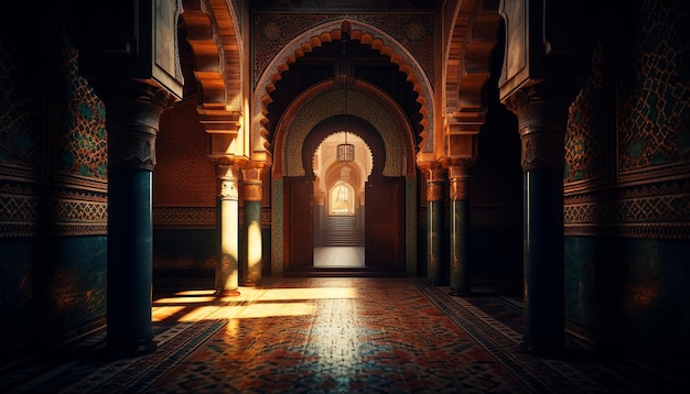 Photo gratuite spiritualité illuminée à travers une décoration ornée d'arches anciennes générée par l'ia