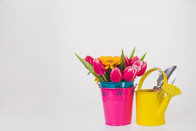 Spring background avec des fleurs et arrosoir