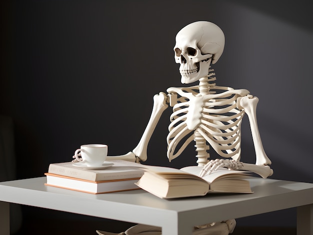 Photo gratuite squelette étudiant en bibliothèque
