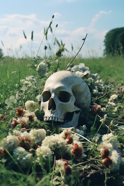 Photo gratuite squelette posant avec des fleurs