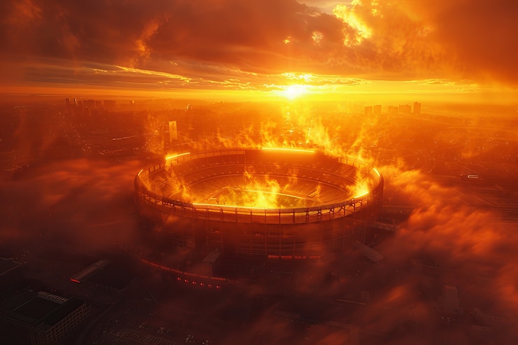 Photo gratuit un stade de football vide avec une vue fantastique sur le ciel.