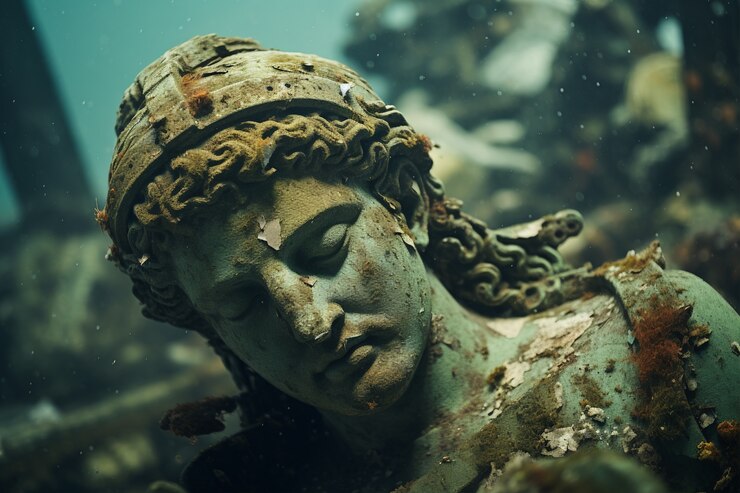 Photo gratuit statue archéologique assise sous l'eau