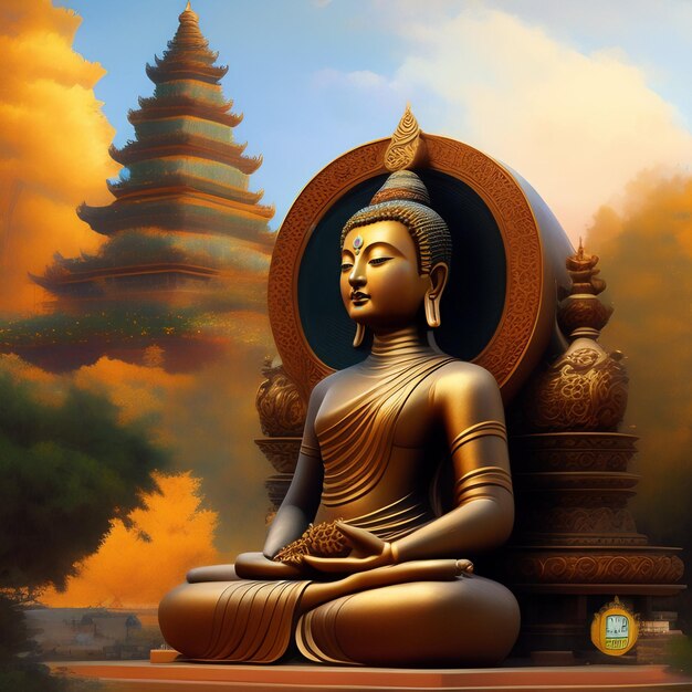 Une statue de bouddha est assise dans un jardin avec un fond jaune.
