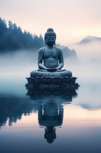 Statue de Bouddha avec paysage aquatique naturel