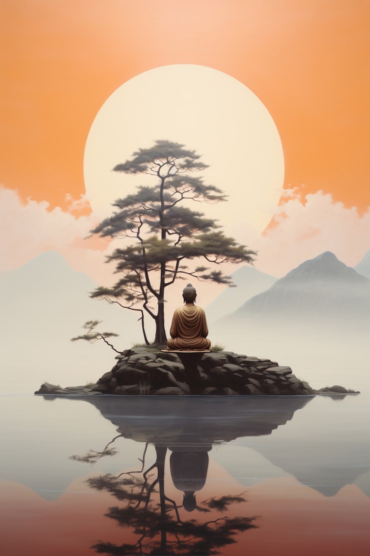 Photo gratuit statue de bouddha avec paysage aquatique naturel