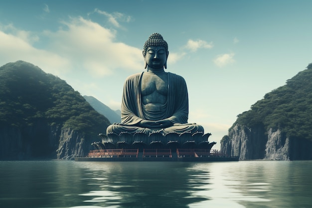 Photo gratuite statue de bouddha avec paysage aquatique naturel