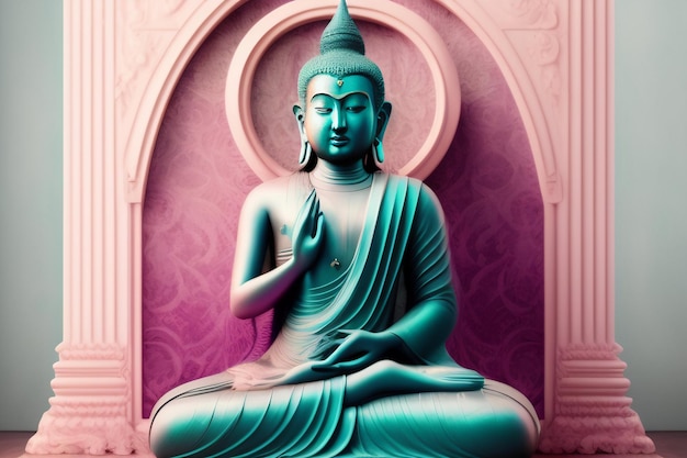 Une statue de bouddha se dresse devant un mur rose.