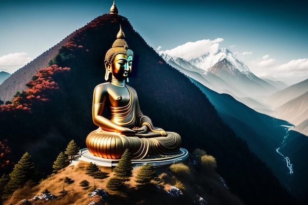 Photo gratuite une statue de bouddha trône au sommet d'une montagne.