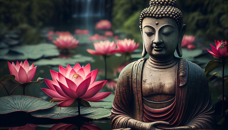Photo gratuit statue du bouddhisme dans une scène de jardin floral ai générative