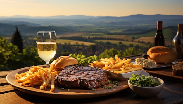 Photo gratuite steak grillé, frites, vin, pique-nique parfait dans la nature généré par l'intelligence artificielle.